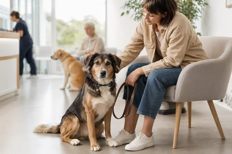 Ein Norwegian Hound sitzt ruhig neben seinem Besitzer im hellen Wartezimmer einer modernen Tierarztpraxis.